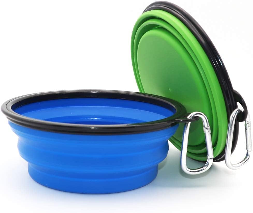 Large Collapsible Dog Bowls - 2 Pack Portable Water and Feeding Dishes for Pets, Includes Carabiners (Large, Blue & Green)