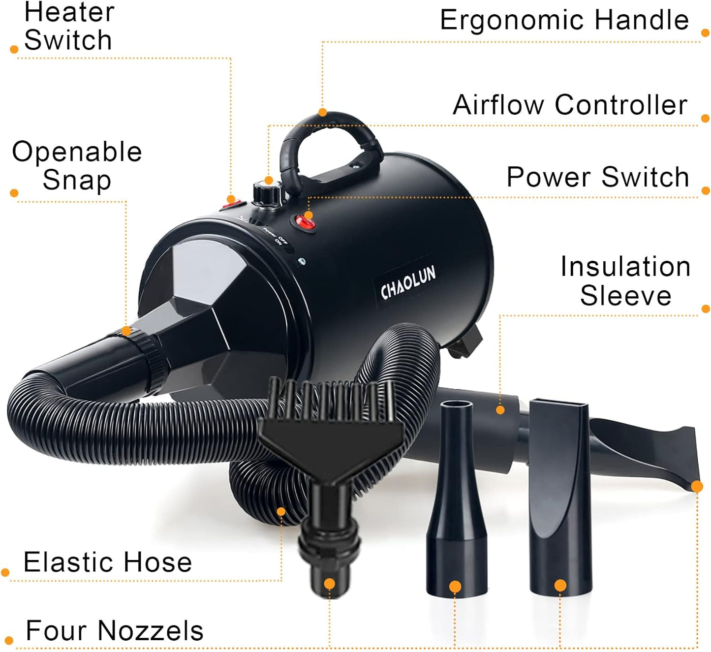 Professional High-Velocity Dog Grooming Dryer with Adjustable Speed and Heating Function, Black