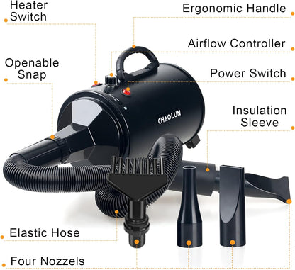 Professional High-Velocity Dog Grooming Dryer with Adjustable Speed and Heating Function, Black