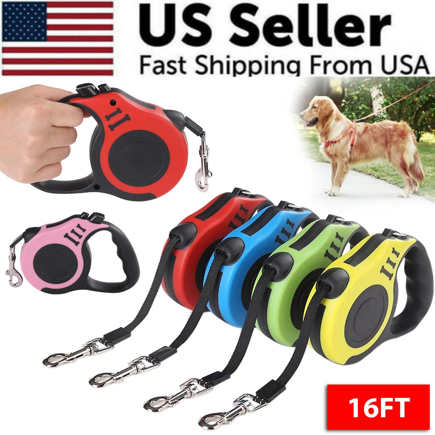 16.5FT Automatic Retractable Dog Leash with Pet Collar - Free Walking Lead (US)