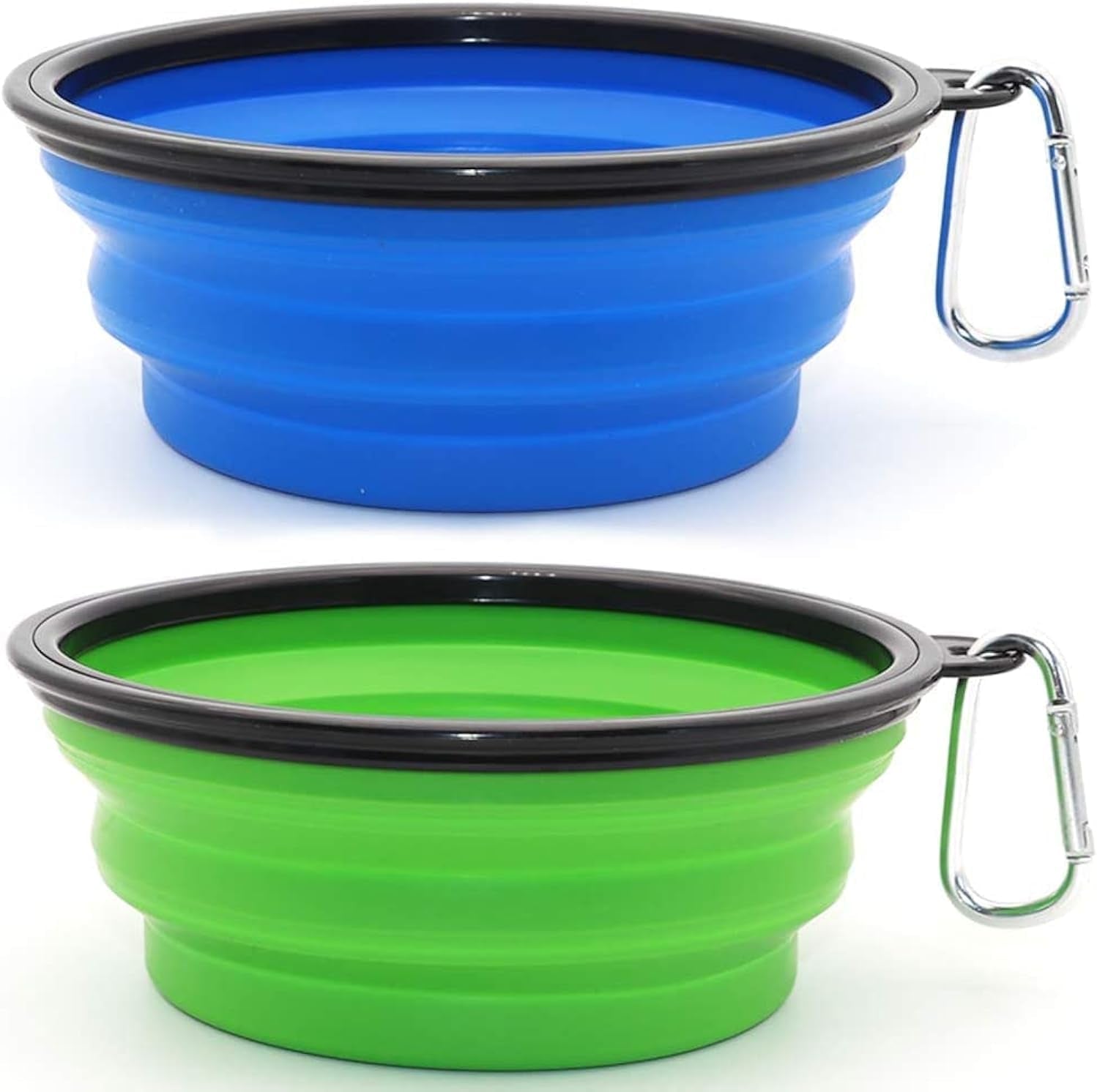 Large Collapsible Dog Bowls - 2 Pack Portable Water and Feeding Dishes for Pets, Includes Carabiners (Large, Blue & Green)