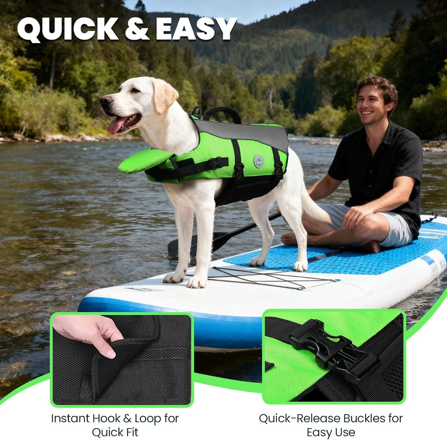 Front Float Dog Life Vest - Premium Life Jacket for Swimming and Boating with Chin Float and Handle, Ripstop Material and Enhanced Buoyancy for Puppies, Size S, Bright Green