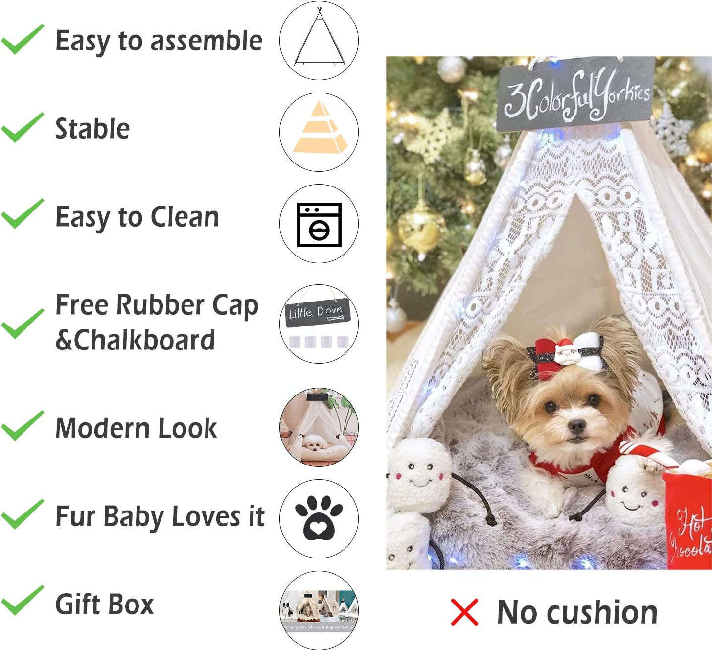 Pet Teepee Dog and Cat Bed - Portable Lace-Style Tent for Dogs and Cats, 24 Inch, No Cushion