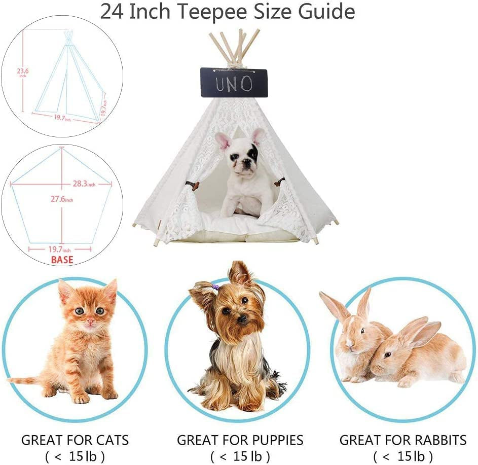 Pet Teepee Dog and Cat Bed - Portable Lace-Style Tent for Dogs and Cats, 24 Inch, No Cushion