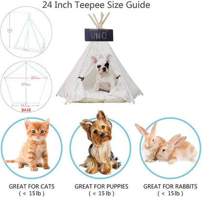 Pet Teepee Dog and Cat Bed - Portable Lace-Style Tent for Dogs and Cats, 24 Inch, No Cushion
