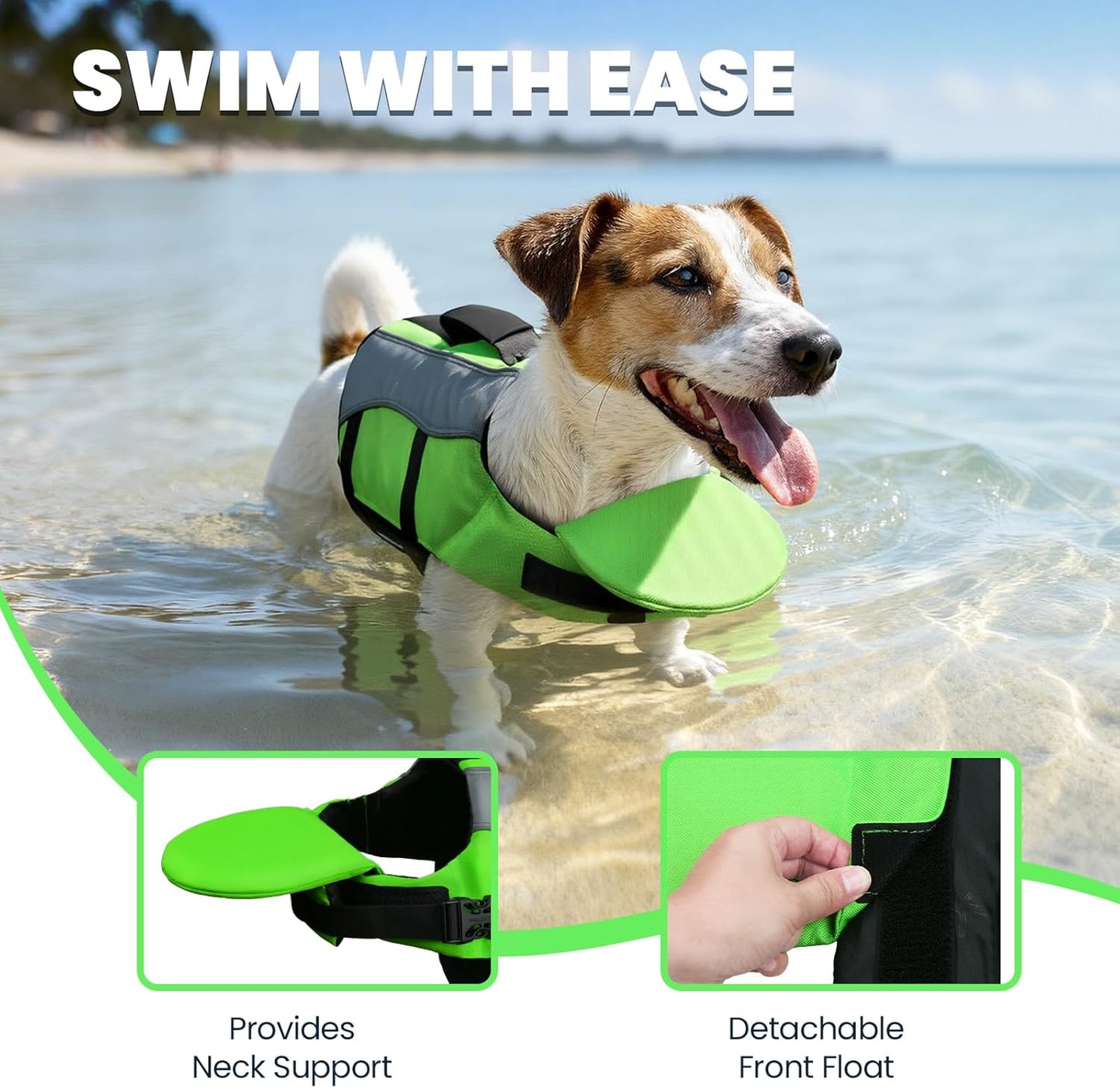 Front Float Dog Life Vest - Premium Life Jacket for Swimming and Boating with Chin Float and Handle, Ripstop Material and Enhanced Buoyancy for Puppies, Size S, Bright Green